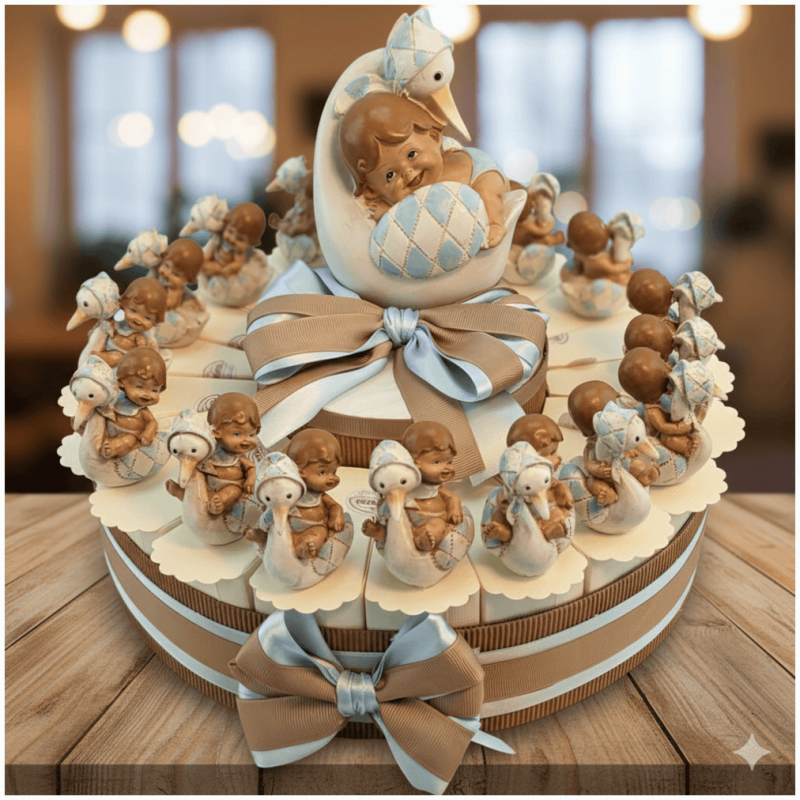 Torta Bomboniera Nascita e Battesimo Bimbo Bebè nel Guscio con Cicogna e Salvadanaio