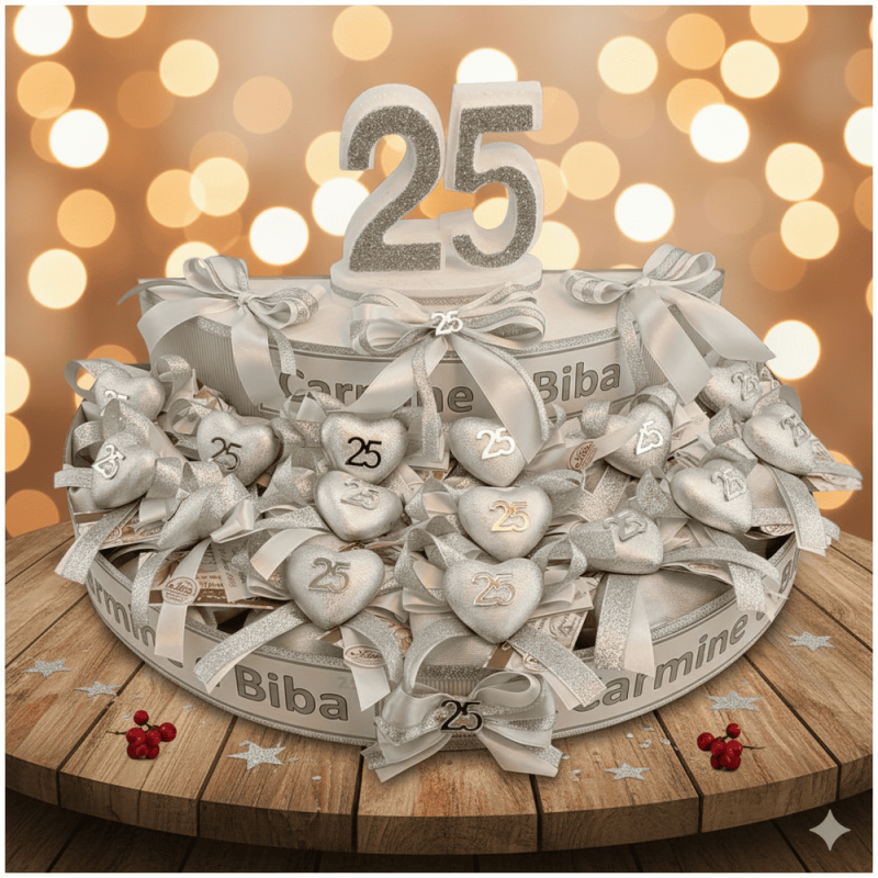 Torta Bomboniera Nozze d'Argento 25° Anniversario Cuore Scintillante con Nomi Personalizzati