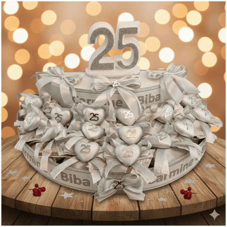 Torta Bomboniera Nozze d'Argento 25° Anniversario "Cuore Scintillante" con Nomi Personalizzati