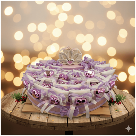 Torta Bomboniera Comunione e Cresima "Cuore Lilla" Metallizzato con Fiore di Loto Centrale