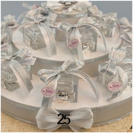 Torta Bomboniera Nozze d'Argento "Scrigno di Luce" - Scatolina in Cristallo con Icona 25°