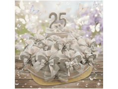 Torta Bomboniera Nozze d'Argento "Volo d'Argento" con Farfalla Traforata e Sacchetto