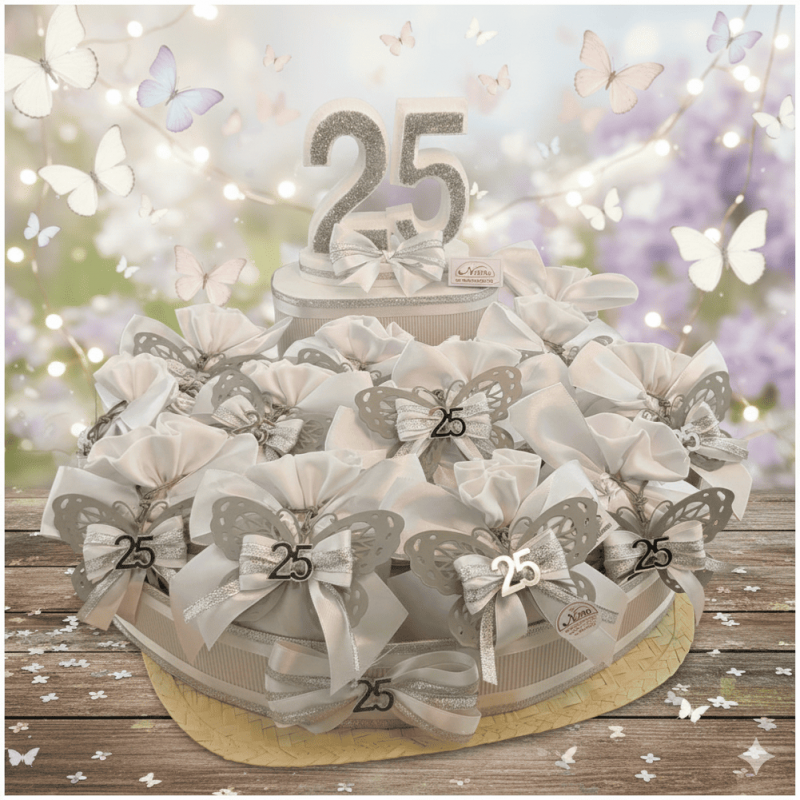 Torta Bomboniera Nozze d'Argento "Volo d'Argento" con Farfalla Traforata e Sacchetto