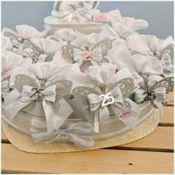 Torta Bomboniera Nozze d'Argento "Volo d'Argento" con Farfalla Traforata e Sacchetto