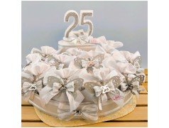 Torta Bomboniera Nozze d'Argento "Volo d'Argento" con Farfalla Traforata e Sacchetto