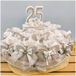 Torta Bomboniera Nozze d'Argento "Volo d'Argento" con Farfalla Traforata e Sacchetto