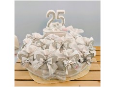 Torta Bomboniera Nozze d'Argento "Volo d'Argento" con Farfalla Traforata e Sacchetto