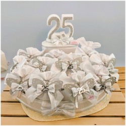 Torta Bomboniera Nozze d'Argento "Volo d'Argento" con Farfalla Traforata e Sacchetto