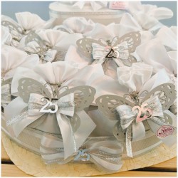Torta Bomboniera Nozze d'Argento "Volo d'Argento" con Farfalla Traforata e Sacchetto