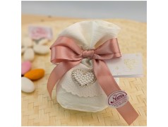 Sacchetto Bomboniera Cuore di Perle in Tessuto Shabby con Strass e Nastro Rosa Antico