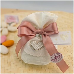 Sacchetto Bomboniera Cuore di Perle in Tessuto Shabby con Strass e Nastro Rosa Antico