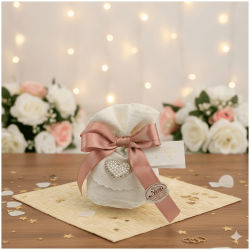 Sacchetto Bomboniera Cuore di Perle in Tessuto Shabby con Strass e Nastro Rosa Antico