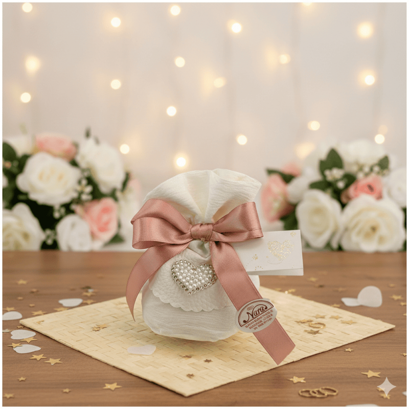 Sacchetto Bomboniera Cuore di Perle in Tessuto Shabby con Strass e Nastro Rosa Antico