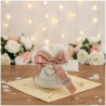 Sacchetto Bomboniera Cuore di Perle in Tessuto Shabby con Strass e Nastro Rosa Antico