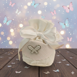 Sacchetto Bomboniera Volo di Luce in Tessuto White con Farfalla di Perle e Strass