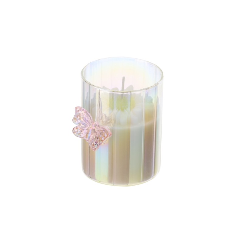Bomboniera Hervit Candela in Vetro Iridescente con Farfalla Rosa