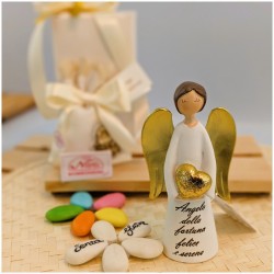 Bomboniera Comunione e Cresima Angelo maschio "Messaggero di Fortuna" con Ali e Cuore Oro