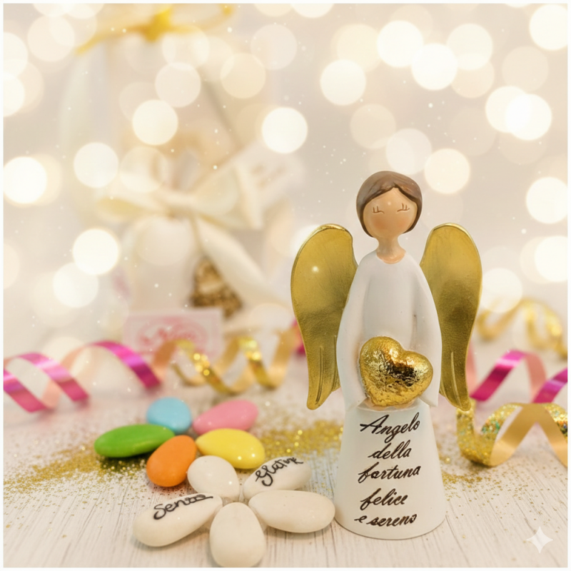 Bomboniera Comunione e Cresima Angelo maschio "Messaggero di Fortuna" con Ali e Cuore Oro