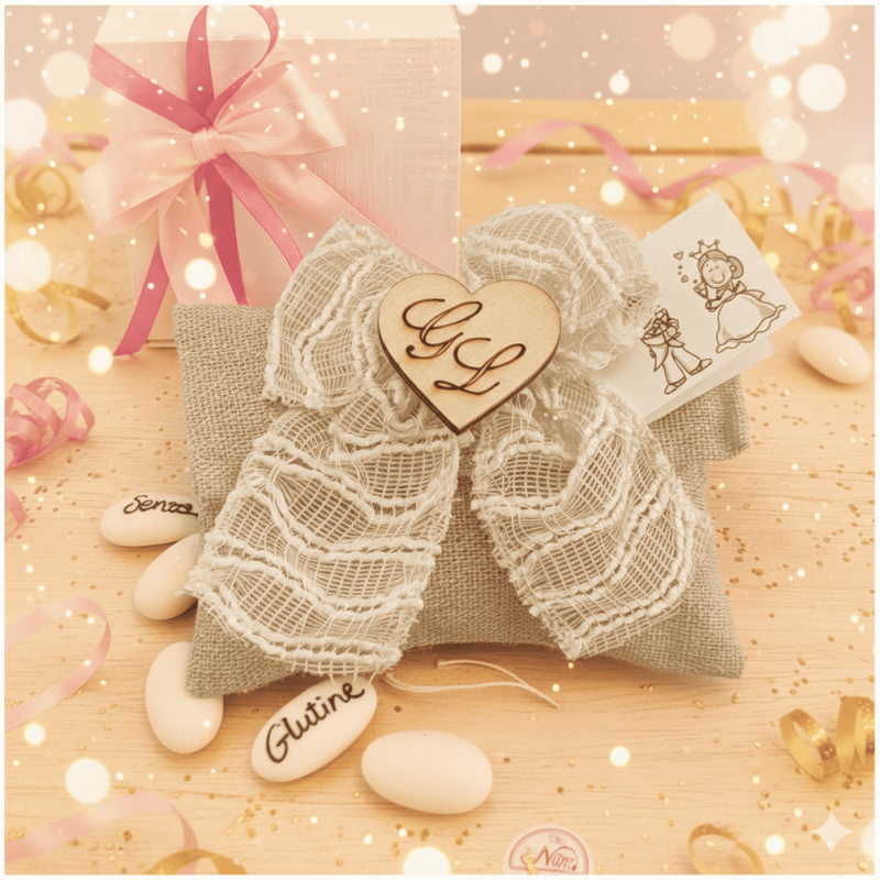 Bomboniera Matrimonio Sacchetto Shabby Chic in Juta e Pizzo con Iniziali in Legno