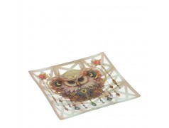 Bomboniera Hervit Piatto Quadrato in Vetro con Gufo e Decori Gioiello
