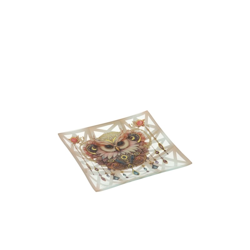 Bomboniera Hervit Piatto Quadrato in Vetro con Gufo e Decori Gioiello