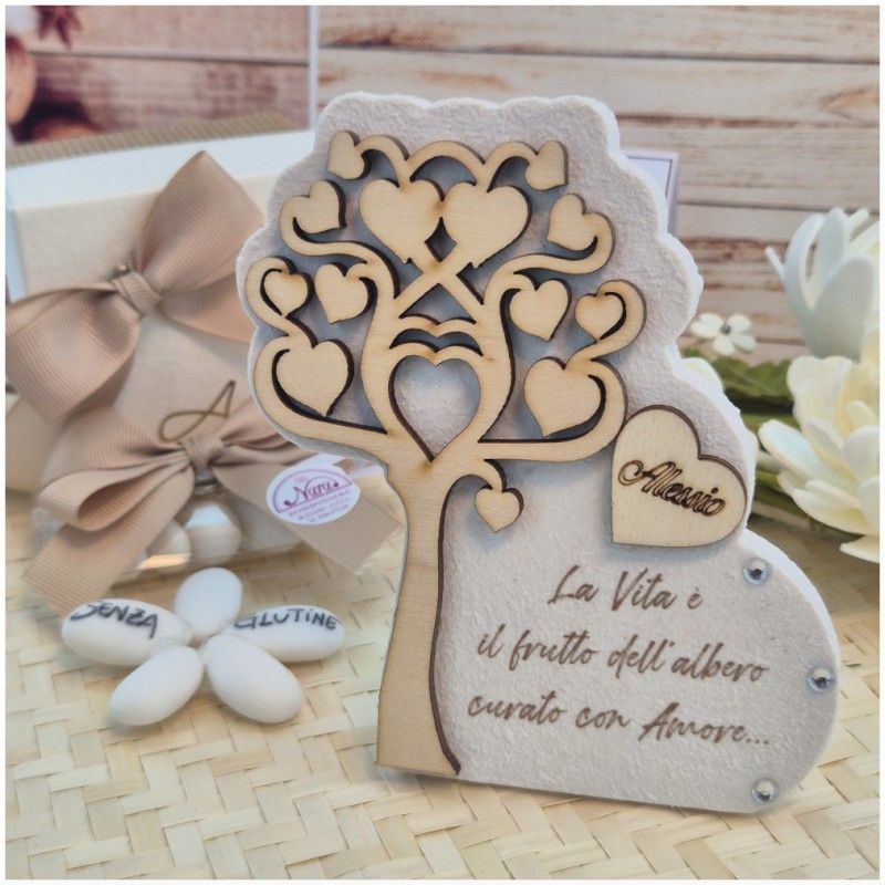 Bomboniera Made in Italy Albero della Vita in Pietra e Legno con Frase e Nome Personalizzato