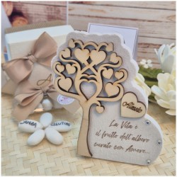 Bomboniera Made in Italy Albero della Vita in Pietra e Legno con Frase e Nome Personalizzato