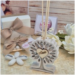 Bomboniera Profumatore Albero della Vita Piccolo in Pietra e Legno con Nome Personalizzato in Rilievo