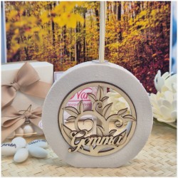 Bomboniera Profumatore Tondo in Pietra e Legno "Albero della Vita" con Nome Personalizzato