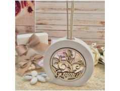 Bomboniera Profumatore Tondo in Pietra e Legno "Albero della Vita" con Nome Personalizzato