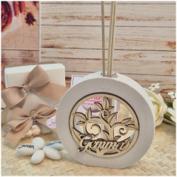 Bomboniera Profumatore Tondo in Pietra e Legno "Albero della Vita" con Nome Personalizzato