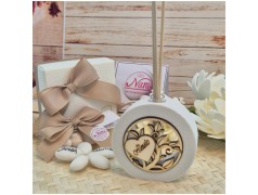 Bomboniera Profumatore Tondo in Pietra e Legno con Albero della Vita e Cuore Personalizzato