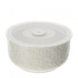 Bomboniera Hervit Ciotola Rotonda in Porcellana Bianca con Rose a Rilievo e Coperchio