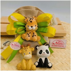Sacchetto Bomboniera in Juta Safari Color con Magnete Animali della Giungla (Assortiti)