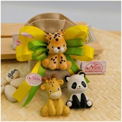 Sacchetto Bomboniera in Juta Safari Color con Magnete Animali della Giungla (Assortiti)