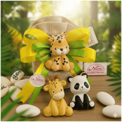 Sacchetto Bomboniera in Juta Safari Color con Magnete Animali della Giungla (Assortiti)