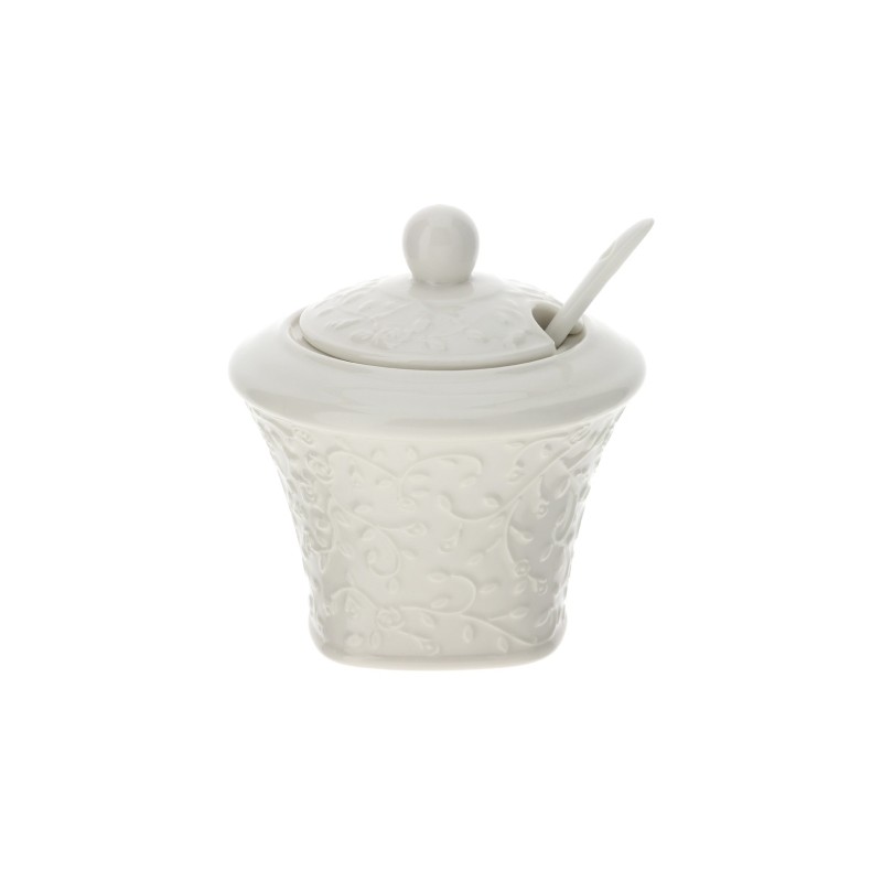 Bomboniera Hervit Zuccheriera in Porcellana Bianca con Cucchiaino e Decori Floreali