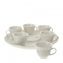 Bomboniera Hervit Set 6 Tazzine Caffè con Vassoio in Porcellana Bianca a Rilievo