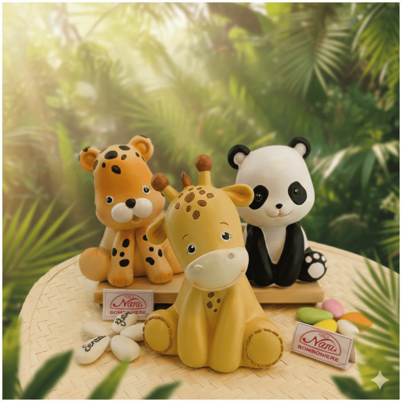 Bomboniera Battesimo Utile Maxi Safari - Salvadanaio Animali della Giungla (Panda, Giraffa, Leopardo)