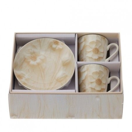 Bomboniera Hervit Set 2 Tazzine Caffè con Piattini in Porcellana e Fiori Beige