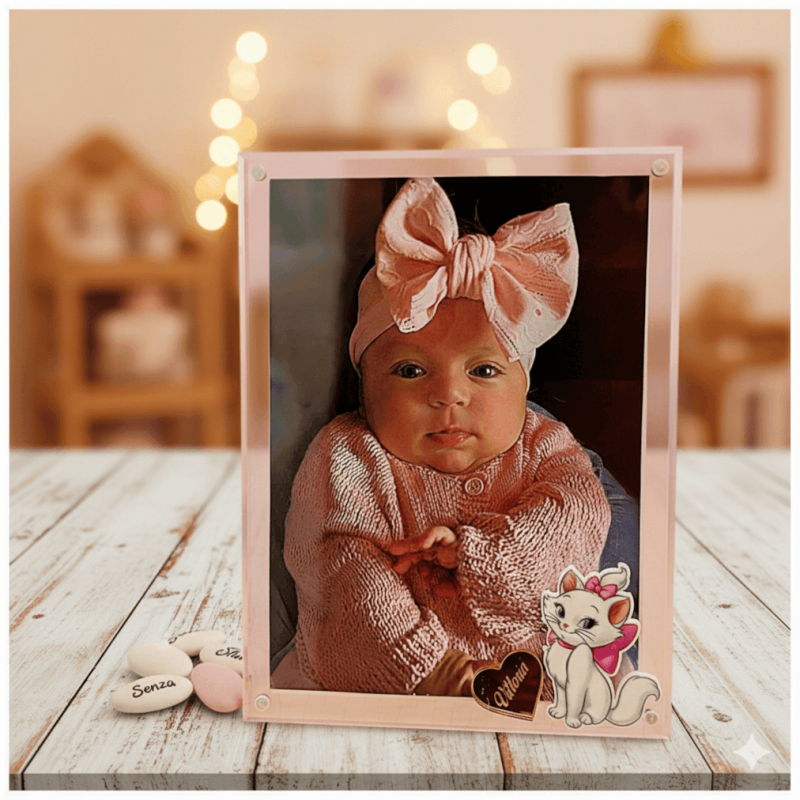 Bomboniera Battesimo Bimba Portafoto Minou Aristogatti in Plexiglass con Nome Personalizzato