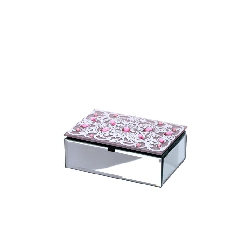 Bomboniera Hervit Scatola Rettangolare in Vetro Specchiato con Cristalli Rosa