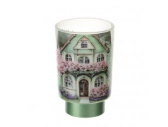 Bomboniera Hervit Porta Candela in Vetro con Decoro Casetta Fiorita e Base Verde