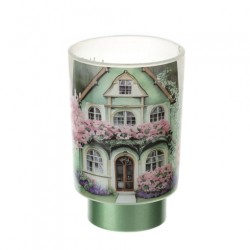 Bomboniera Hervit Porta Candela in Vetro con Decoro Casetta Fiorita e Base Verde