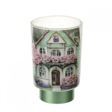 Bomboniera Hervit Porta lampada in Vetro con Decoro Casetta Fiorita e Base Verde