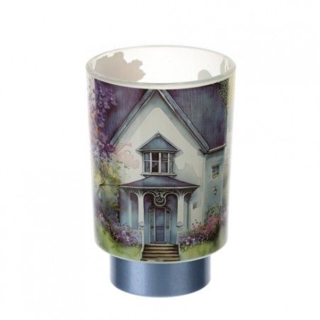 Bomboniera Hervit Porta lampada con Decoro Casetta Blu e Base Satinata