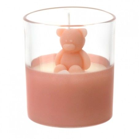 Bomboniera Hervit Candela in Vetro con Base Rosa e Orsetto Teddy