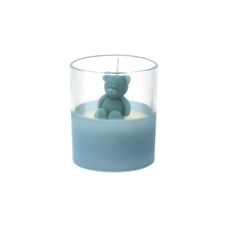 Bomboniera Hervit Candela in Vetro con Base Celeste e Orsetto Teddy