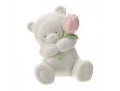 Bomboniera Hervit Orsetto in Porcellana Bianca con Tulipano Rosa