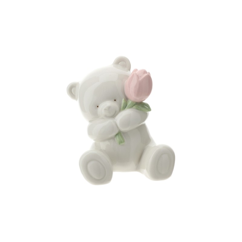Bomboniera Hervit Orsetto in Porcellana Bianca con Tulipano Rosa